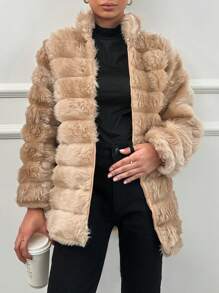 EURMUSE Open Front Fuzzy Coat - Champagne - View 1