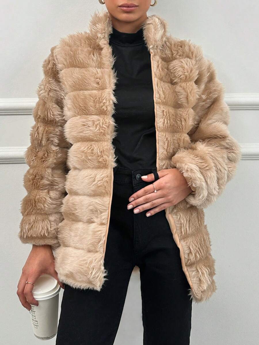 EURMUSE Open Front Fuzzy Coat - Champagne - View 1