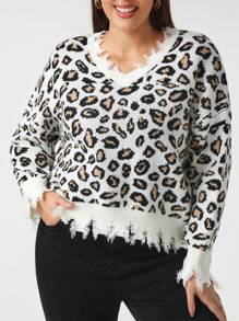 SHEIN Unity Plus Size Women's Leopard Print Hem Distressed Sweater - Multicolor - View 1