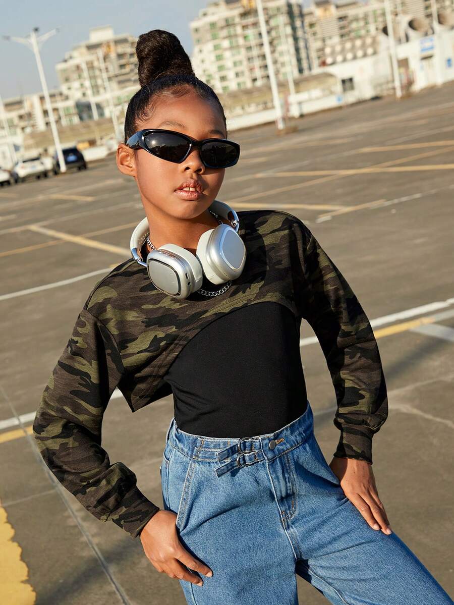 Cô gái Tween Phong cách đường phố Camo Ngắn Áo len crop Với Áo ba lỗ - Nhiều màu - Xem 1