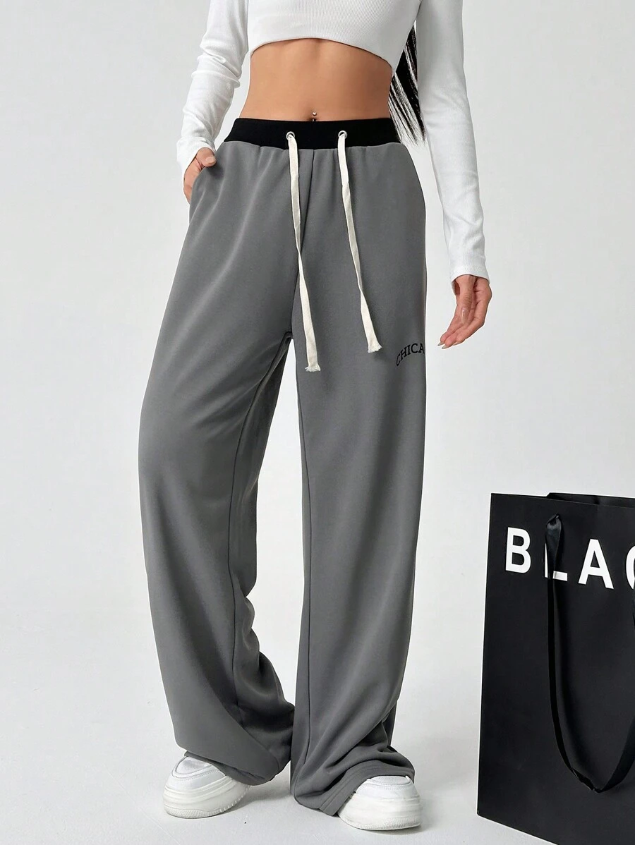 SHEIN EZwear Calça de moletom casual com cordão na cintura e bolso relaxado para mulheres