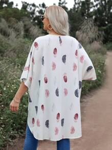 SHEIN LUNE 大尺碼女用羽毛印花高低下擺襯衫 - 白色 - 查看 2