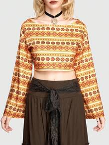 ROMWE Hippie Geometrisches Muster Glockenärmel-t-shirt Für Frauen