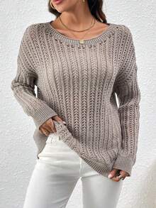 SHEIN LUNE 女士空心針織下垂肩毛衣 - 卡其色 - 查看 3