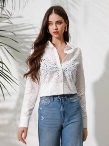 Aveloria Women's Button Down Long Sleeve Shirt With Hollow Out Embroidered Detail - White - View 6