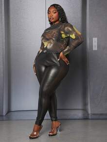 Slaydiva 大码女式网眼撞色紧身裤 - 黑色 - 查看 3