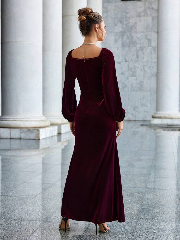 Women's Sweetheart Neckline Lantern Sleeve Dress With Split Hem