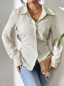 SHEIN Privé Ladies' Solid Color Waist-cinched Shirt - Apricot - View 3