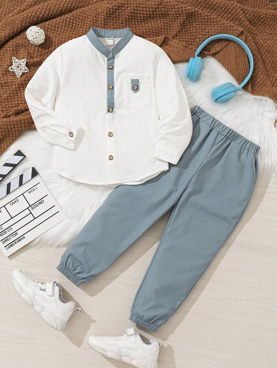 Bộ 2 áo sơ mi dệt cổ đứng thường ngày cho bé trai và quần chun, vải nỉ, dày - Nhiều màu - Xem 1