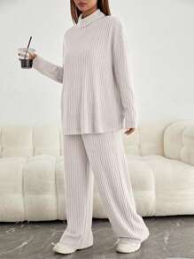 SHEIN Maternity Mock Neck Drop Shoulder Tee & Adjustable Waist Pants - Apricot - View 4