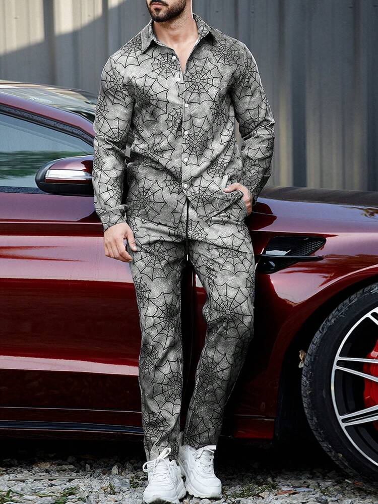 Men's Spider Web Print Shirt And Pants Set