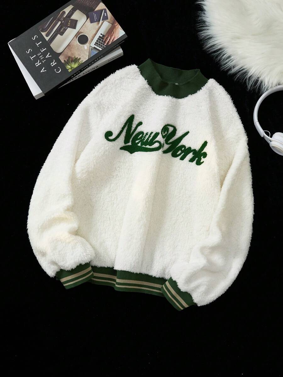 SHEIN EZwear Sang trọng Của phụ nữ Áo nỉ Với Flocked Và Sang trọng - trắng - Xem 1