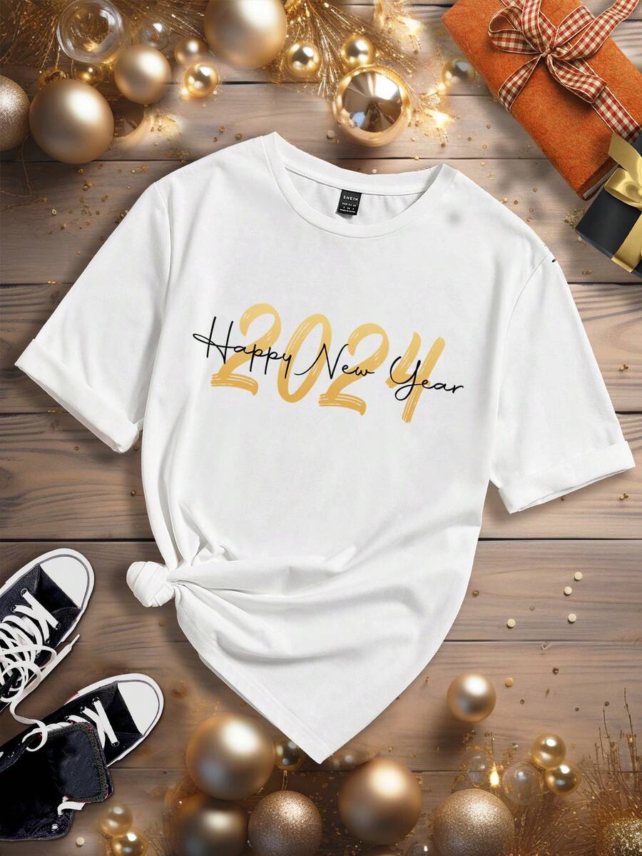 SHEIN EZwear Plus Size Slogan Printed Short Sleeve T-Shirt - White - View 1