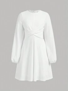 SHEIN 少女扭結前環領長袖休閒連衣裙 - 白色 - 查看 1
