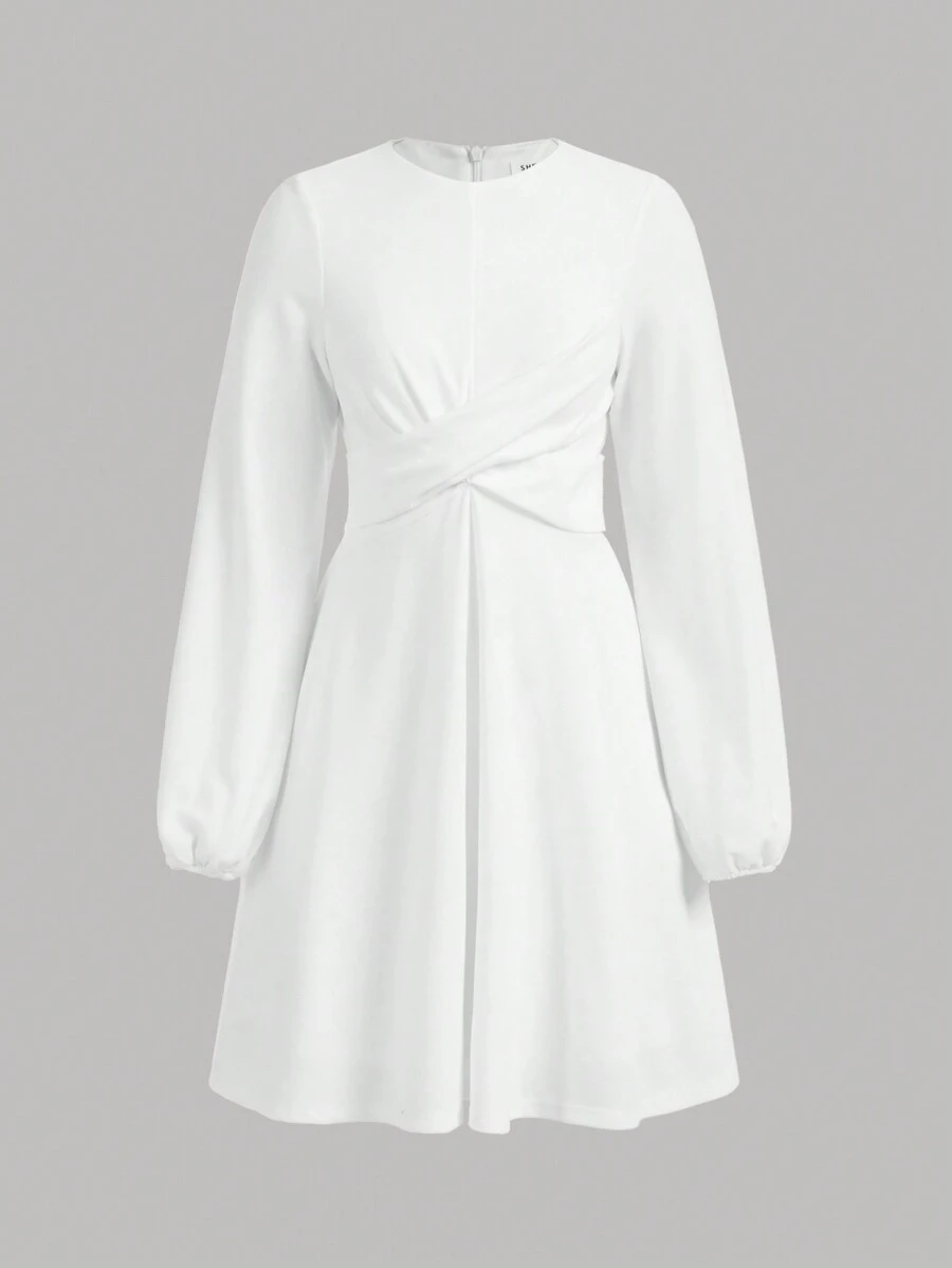 SHEIN 少女扭結前環領長袖休閒連衣裙 - 白色 - 查看 1