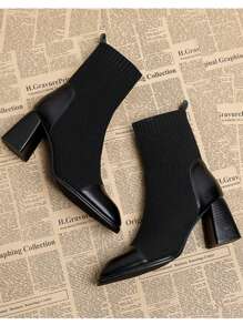 女士針織彈性馬靴,方頭、厚跟、法式風格,純色踝靴,2023秋冬新品 - 黑色 - 查看 6