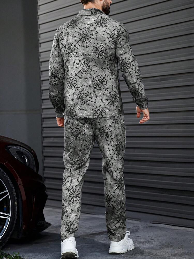 Men's Spider Web Print Shirt And Pants Set