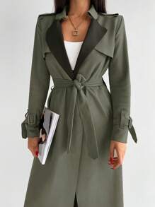 Longline Belted Trench Coat - Green - View 7