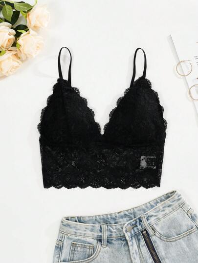 SHEIN Frenchy Women's Patchwork Lace Ultra Short Cami Top Casual Black Summer