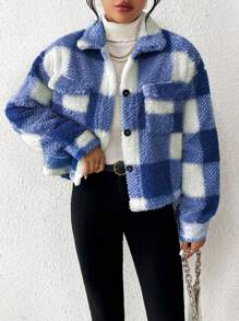 SHEIN Essnce Plush Color-blocked Jacket - Royal Blue - View 3