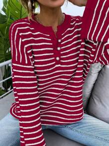 Chiquease Của phụ nữ Sọc Thả vai Áo len - Đỏ - Xem 3