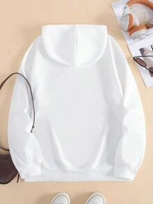 SHEIN EZwear Đúng mốt Lỏng lẻo phù hợp Lông cừu Hoodie Với dây rút , Túi Và Mẫu chữ In Đối với Giải trí Mặc In Mùa Thu Và Mùa Đông - trắng - Xem 2