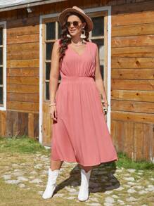 SHEIN VCAY 大尺寸女士無袖集褶腰裙 - 香檳色 - 查看 3