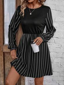 SHEIN LUNE Women's Round Neck Striped Dress - Black and White - View 3