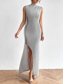 SHEIN Privé Ribbed Sleeveless Split Hem Knitted Dress - Light Grey - View 4