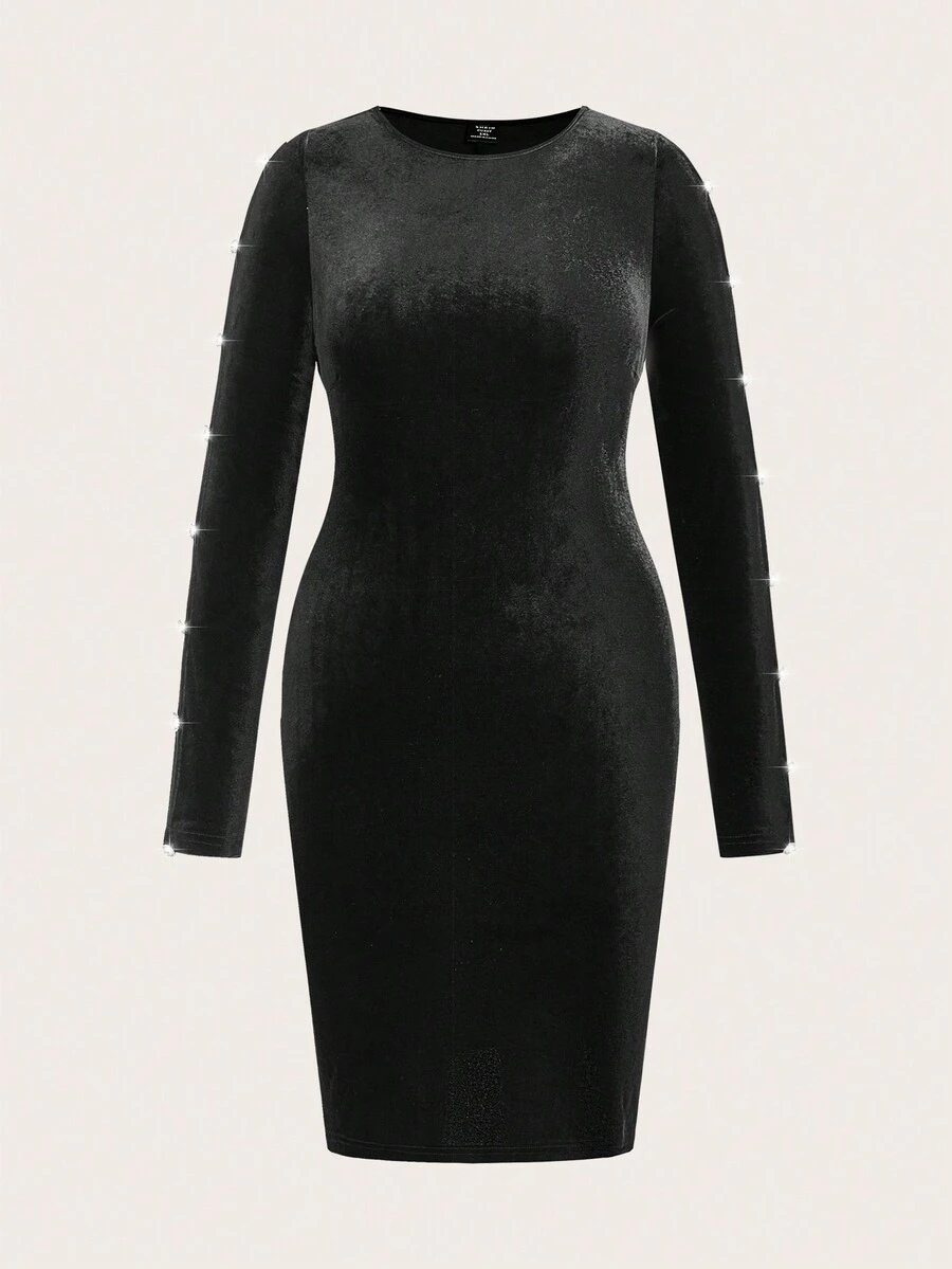 SHEIN Clasi Plus Button Detail Velvet Bodycon Dress - Black - View 1