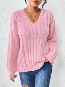 SHEIN Essnce Women'S V-Neck Drop Shoulder Pullover Sweater - Pink - View 1