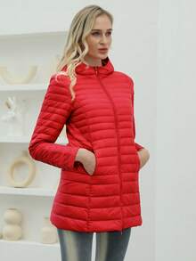 Zip Up Hooded Down Coat - Red - View 4