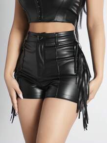 SHEIN PETITE Shorts Ajustados De Patchwork Con Flecos De Pu - Negro - Ver 7