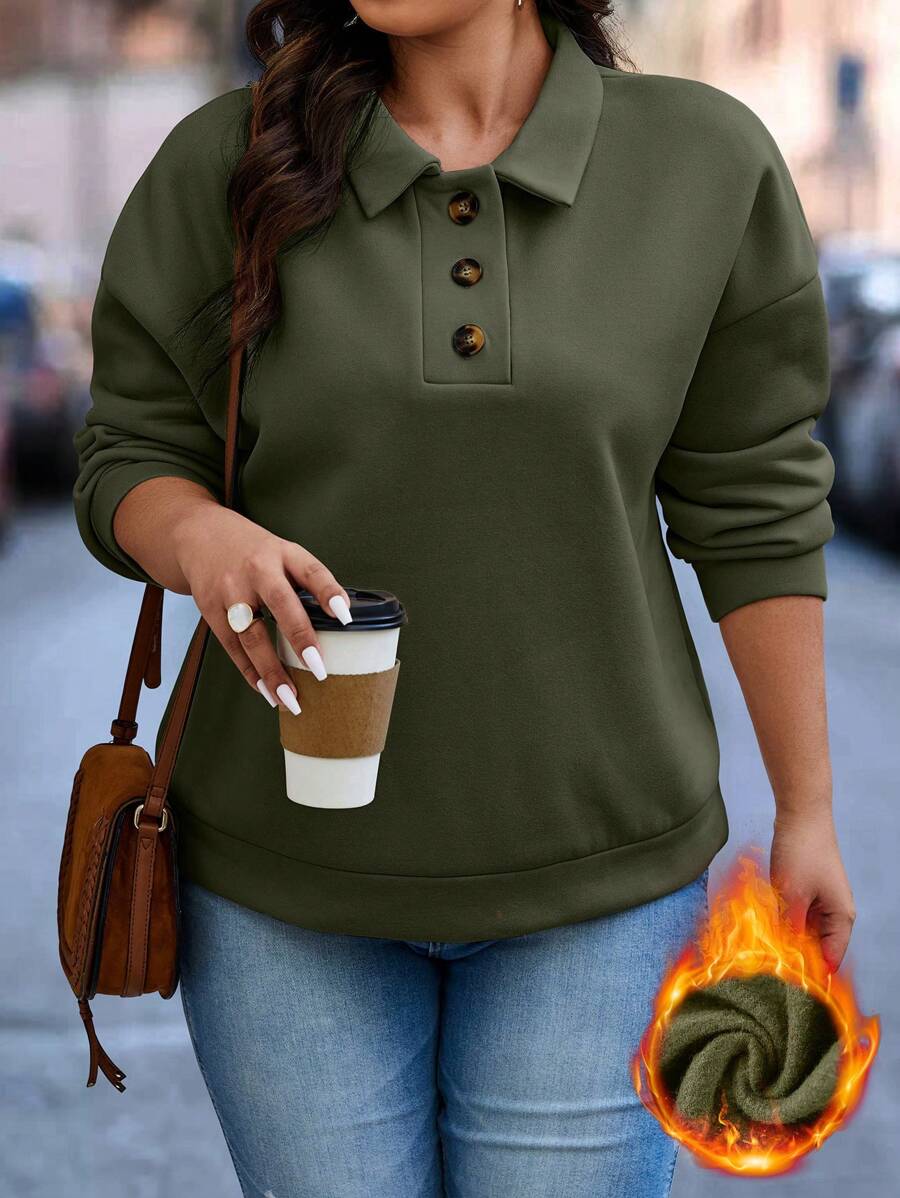 SHEIN CURVE+ Hơn Cổ Polo Thả vai Áo nỉ Nhiệt - xanh quân đội - Xem 1