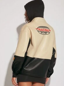 Hauture Racing Graphic Hooded PU Leather Jacket - Multicolor - View 2