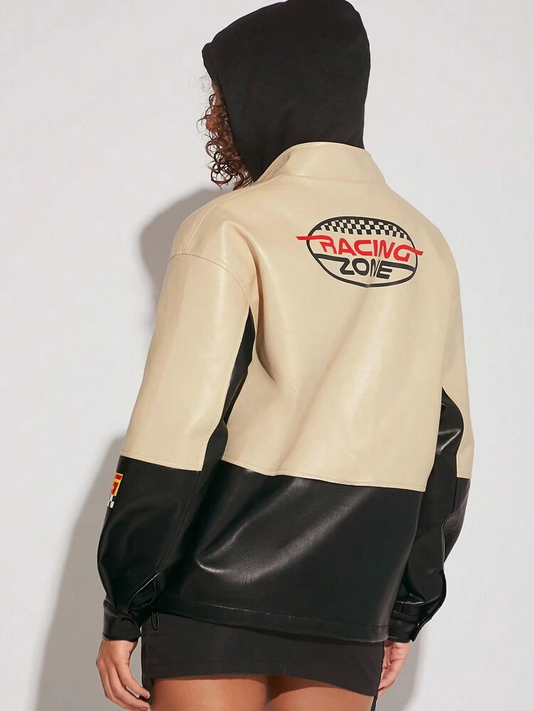 Racing Graphic Hooded PU Leather Jacket
