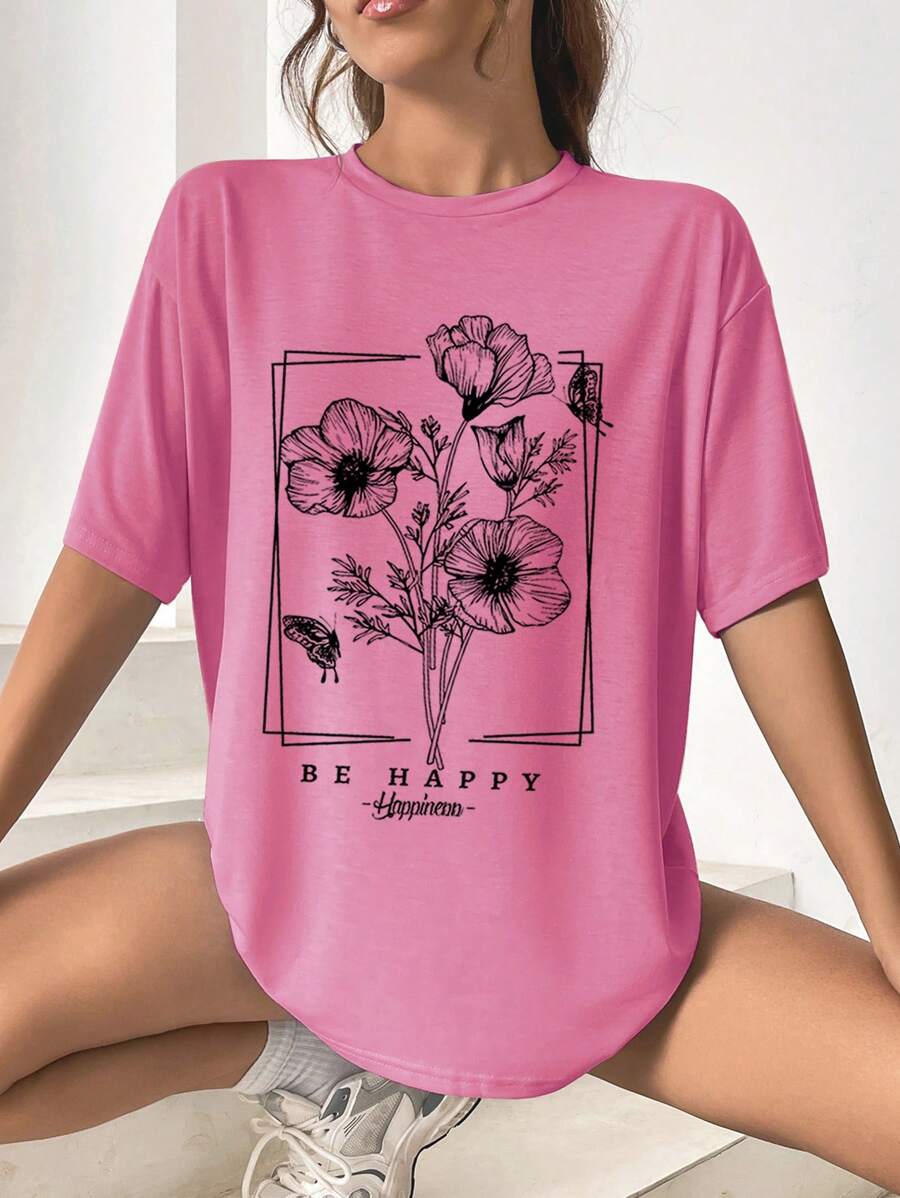 SHEIN EZwear 花花束印花寬鬆短袖 T 卹 - 玫紅色 - 查看 1