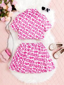 Tween 女孩梭織字母圖案翻領短袖襯衫+梭織百褶裙套裝 - 粉色 - 查看 2