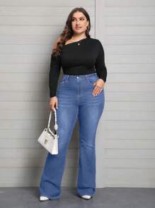 EMERY ROSE Denim ukuran plus Tombol Kantong Zip Plain - Light Wash - View 3