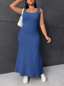 SHEIN EZwear Plus Size Square Collar Ribbed Knit Dress - Blue - View 1