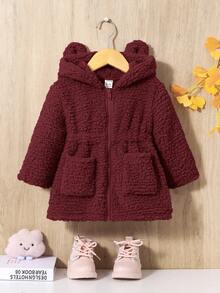 SHEIN Em bé Cô gái Thời gian rảnh rỗi áo có mũ Chiều dài trung bình áo Với Sang trọng Lót - Màu Đỏ Sâu - Xem 4