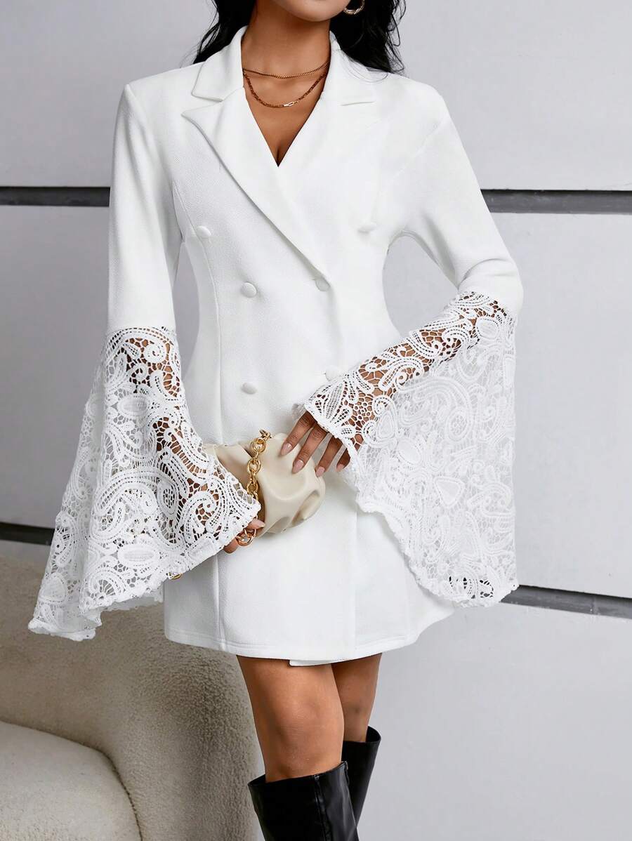 SHEIN Privé Phong cách Preppy Mảnh Lace Bùng nổ Tay áo Đôi ngực Váy blazer - trắng - Xem 1