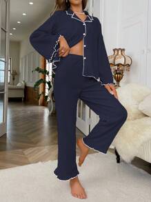 Ladies' Contrast Lettuce Trim Bell Sleeve Pajama Set, Fall Winter Clothes Cozy And Elegant Details - Navy Blue - View 4