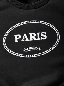 Baby Girls' Casual Comfortable Letter Print Long Sleeve Round Neck Sweatshirt And Faux Leather Tight Pants Set With Elastic Waistband - Black - View 4