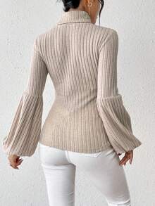 SHEIN Privé Của phụ nữ Màu thuần Cổ áo cao Tay áo lồng đèn Áo thun - Màu Khaki - Xem 2