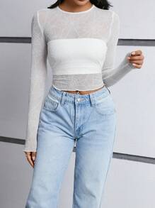 SHEIN Essnce 毛絨網紗女士上衣 - 白色 - 查看 3