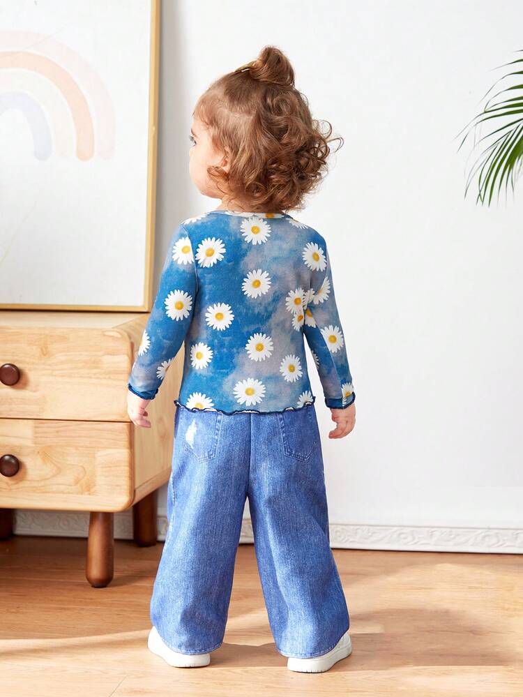 Baby Girl Knitted Flower & Tie-Dye Pattern Long Sleeve Top And Pants Set