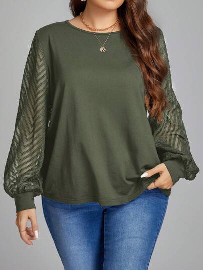 SHEIN LUNE Top à manches lanternes en maille transparente pour femmes grande taille