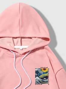 ROMWE MEN Street Life 男式油畫口號印花帶束口連帽衛衣 - 粉色 - 查看 5