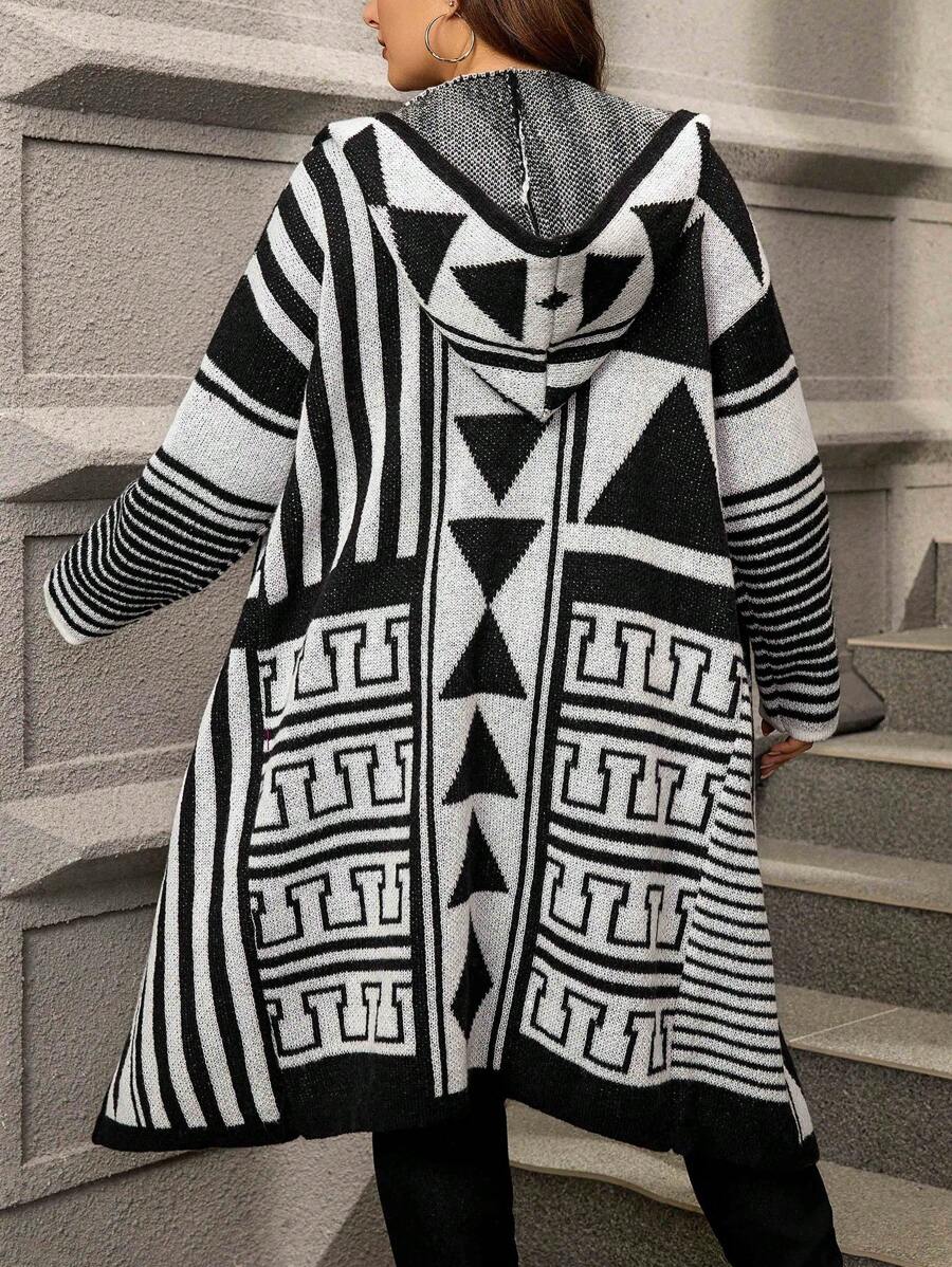 SHEIN LUNE 女士大碼幾何圖案連帽針織衫 - 黑與白 - 查看 1